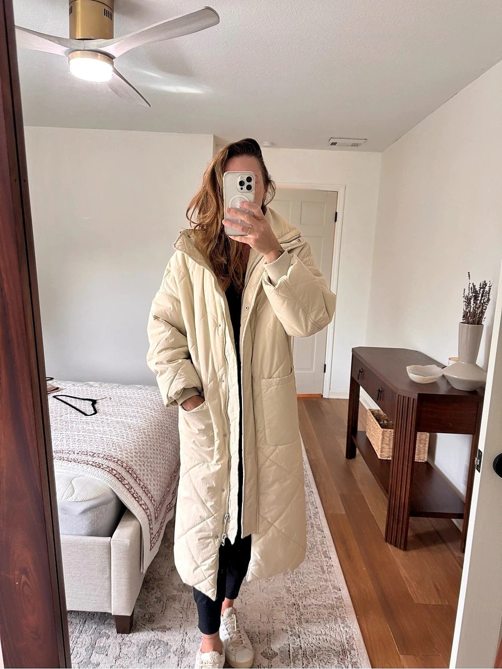 H&M Long Quilted Puffer Coat Beige XS